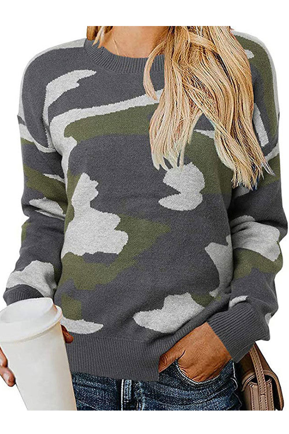 Women Fashionable Camouflage Printed Round Neck Pullover Warm Winter Sweater