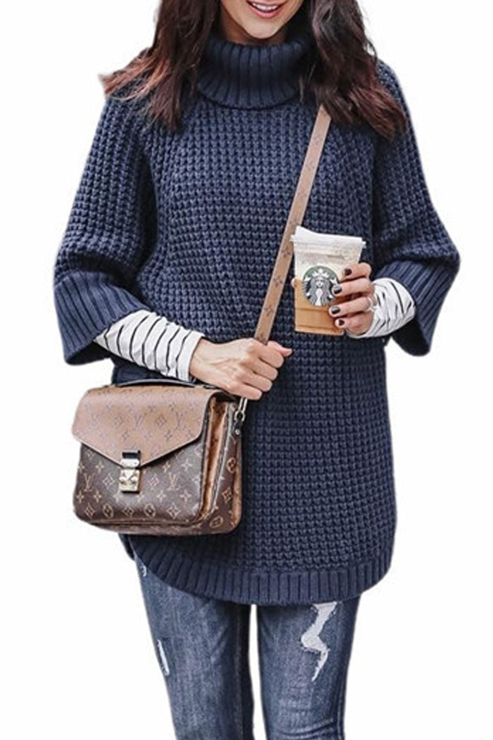 Women Super Thick & Warm Solid Pattern Foldable High Neck Knitted Pullover Winter Sweater