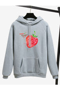 Women Beautiful Strawberry Print Long Sleeve Adjustable Drawstring Winter Thick Pullover Hoodie