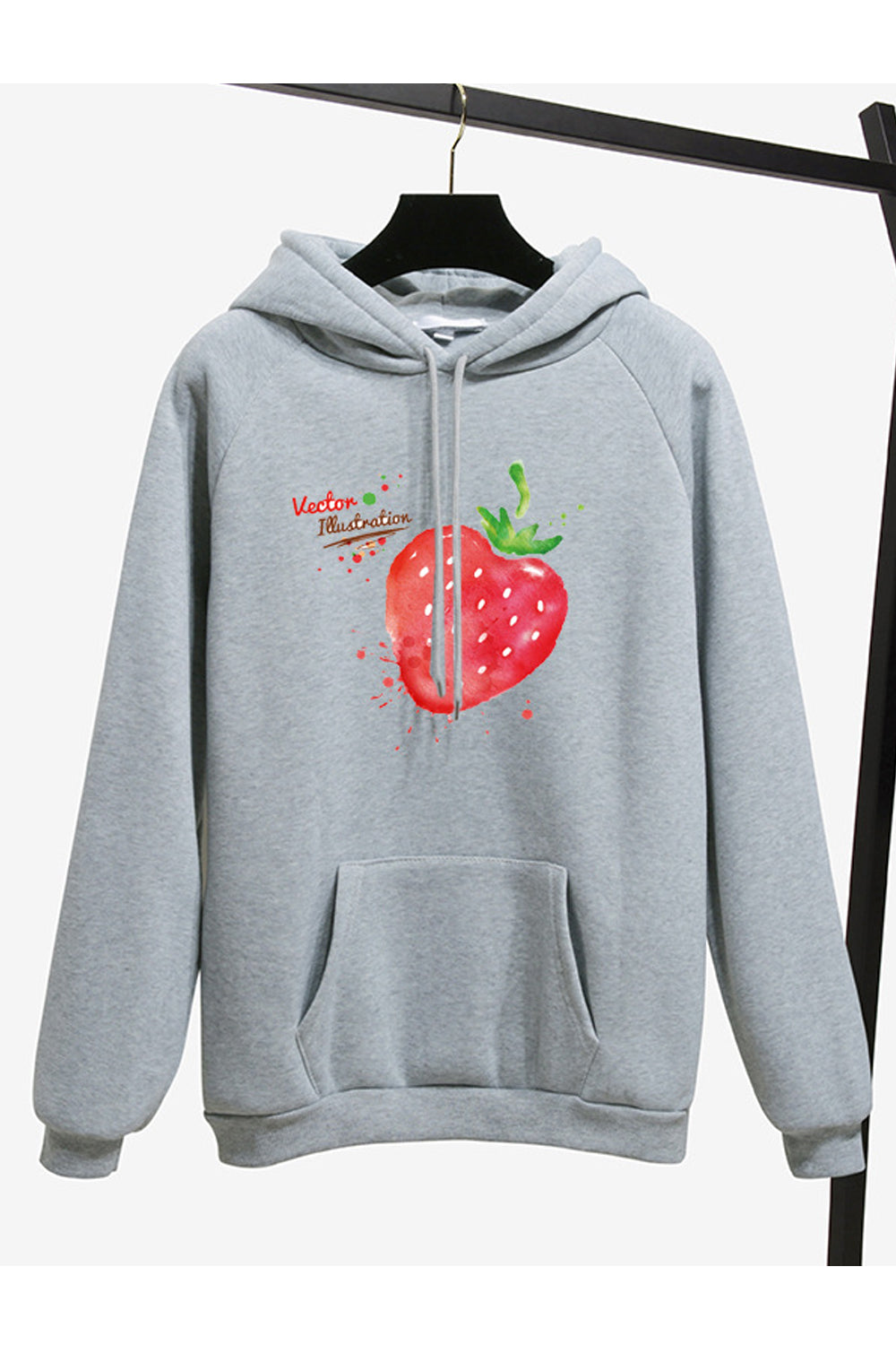 Women Beautiful Strawberry Print Long Sleeve Adjustable Drawstring Winter Thick Pullover Hoodie