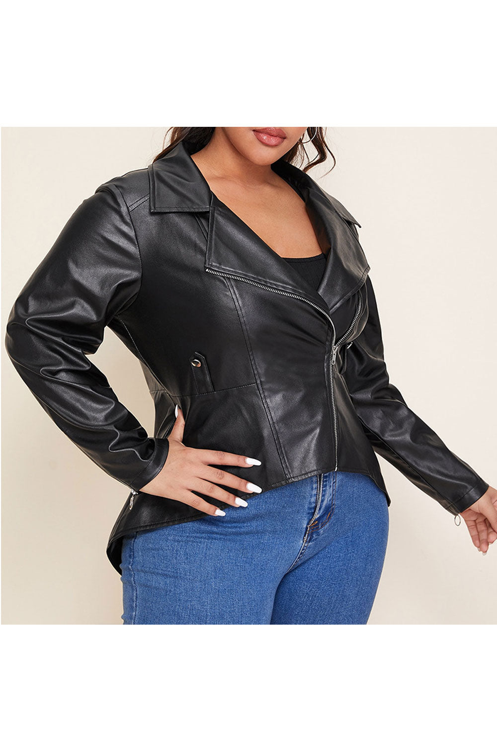 Women Charming Lapel Collar Neck Zippered Cuff Oblique Zippered Tale Style Casual Jacket