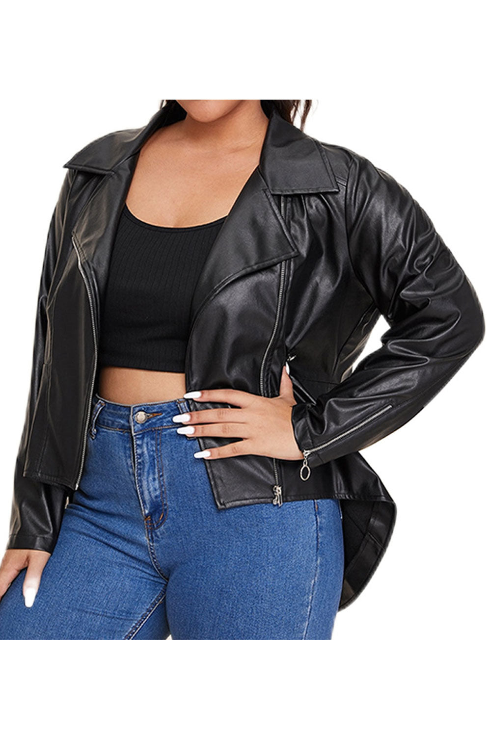 Women Charming Lapel Collar Neck Zippered Cuff Oblique Zippered Tale Style Casual Jacket
