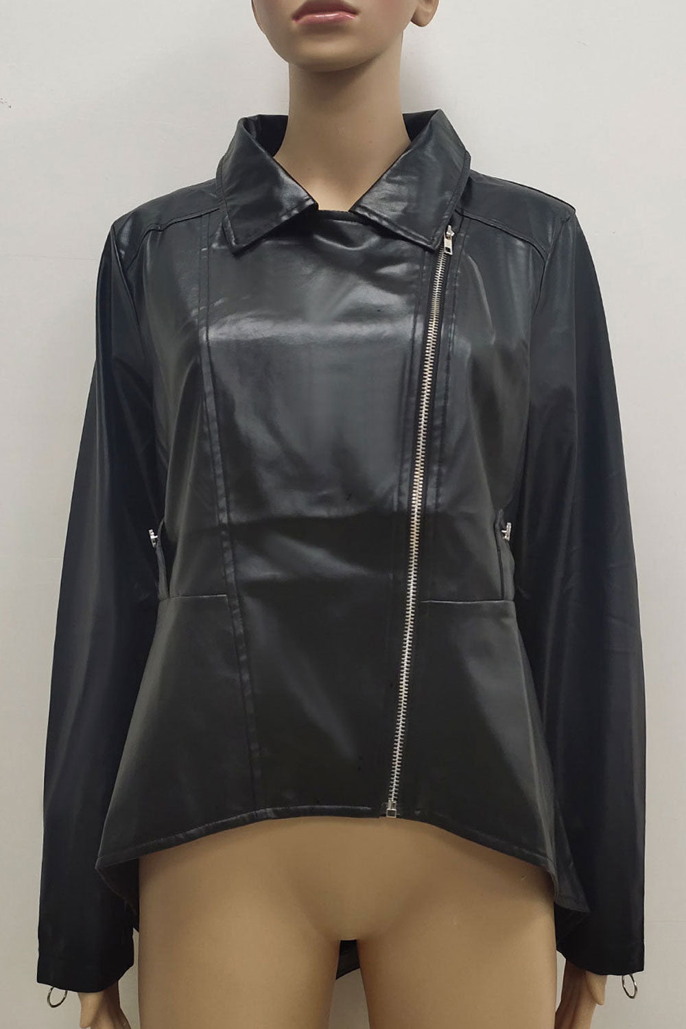Women Charming Lapel Collar Neck Zippered Cuff Oblique Zippered Tale Style Casual Jacket