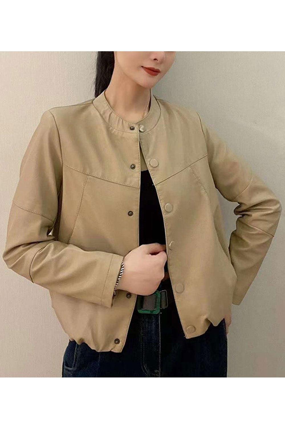Women Casual Wear Snap Button Closure Stand Collar Useful Side Pockets Winter Leather Jacket