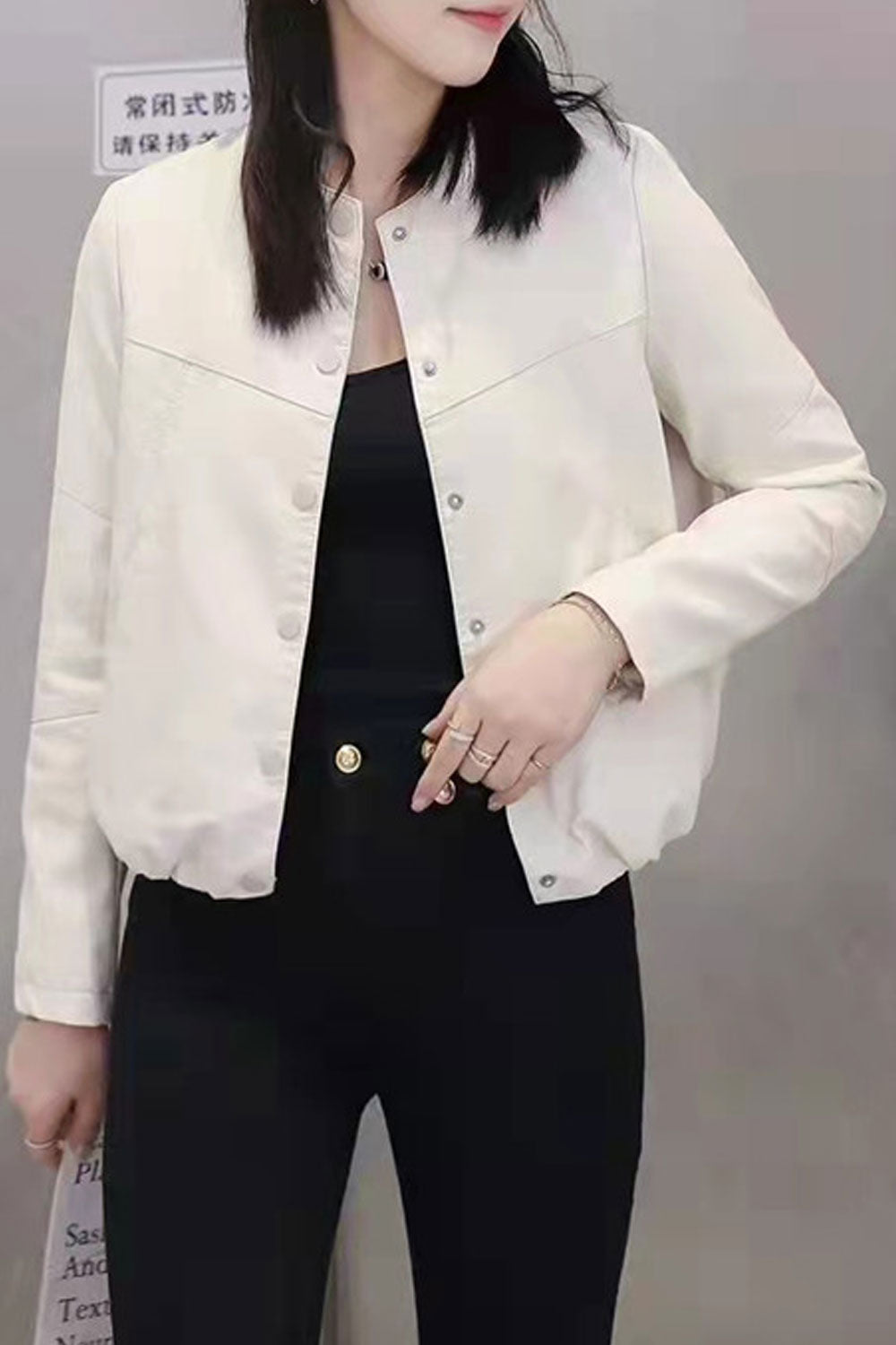Women Casual Wear Snap Button Closure Stand Collar Useful Side Pockets Winter Leather Jacket