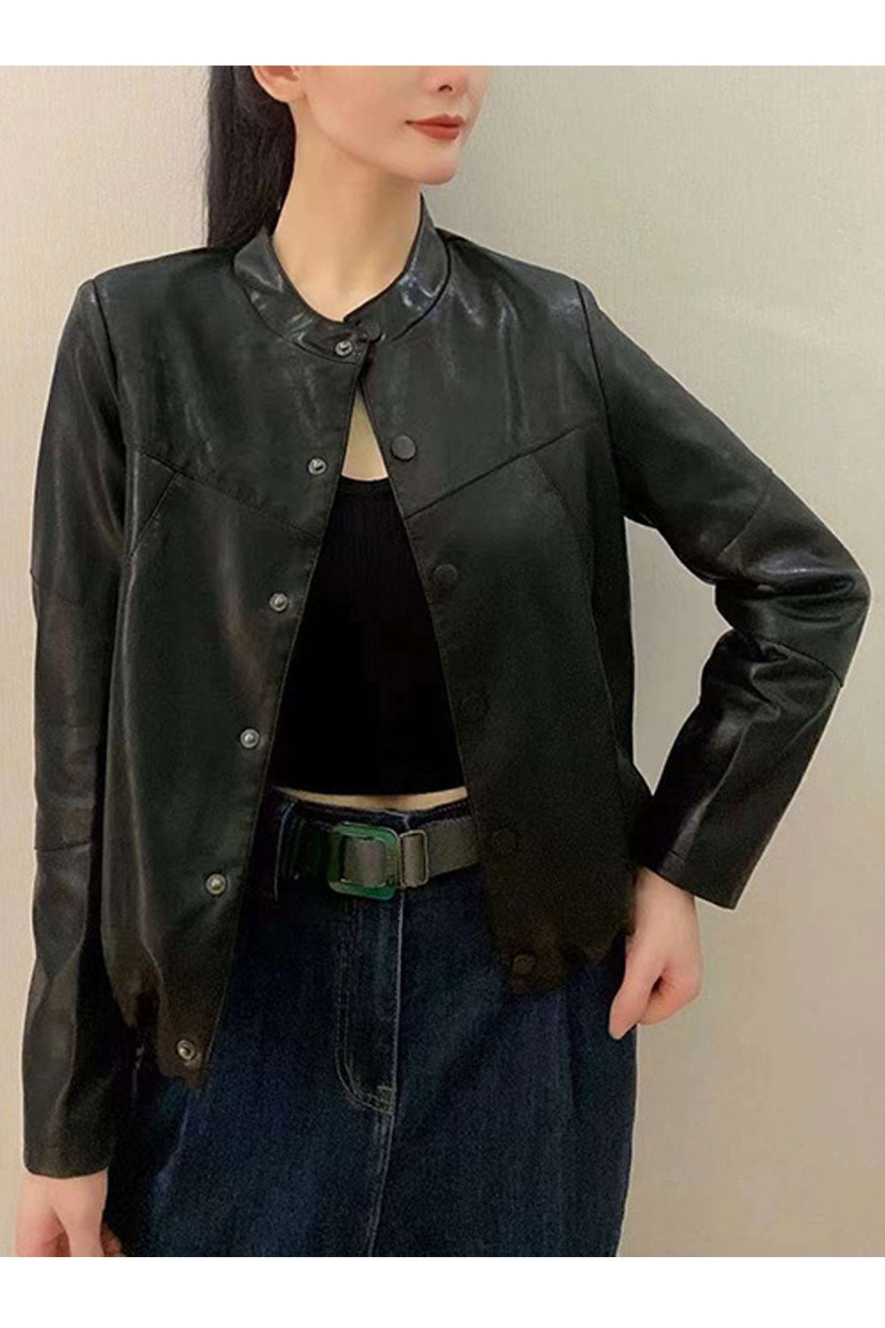 Women Casual Wear Snap Button Closure Stand Collar Useful Side Pockets Winter Leather Jacket