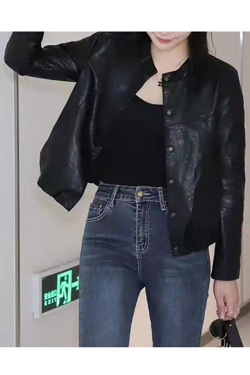 Women Casual Wear Snap Button Closure Stand Collar Useful Side Pockets Winter Leather Jacket