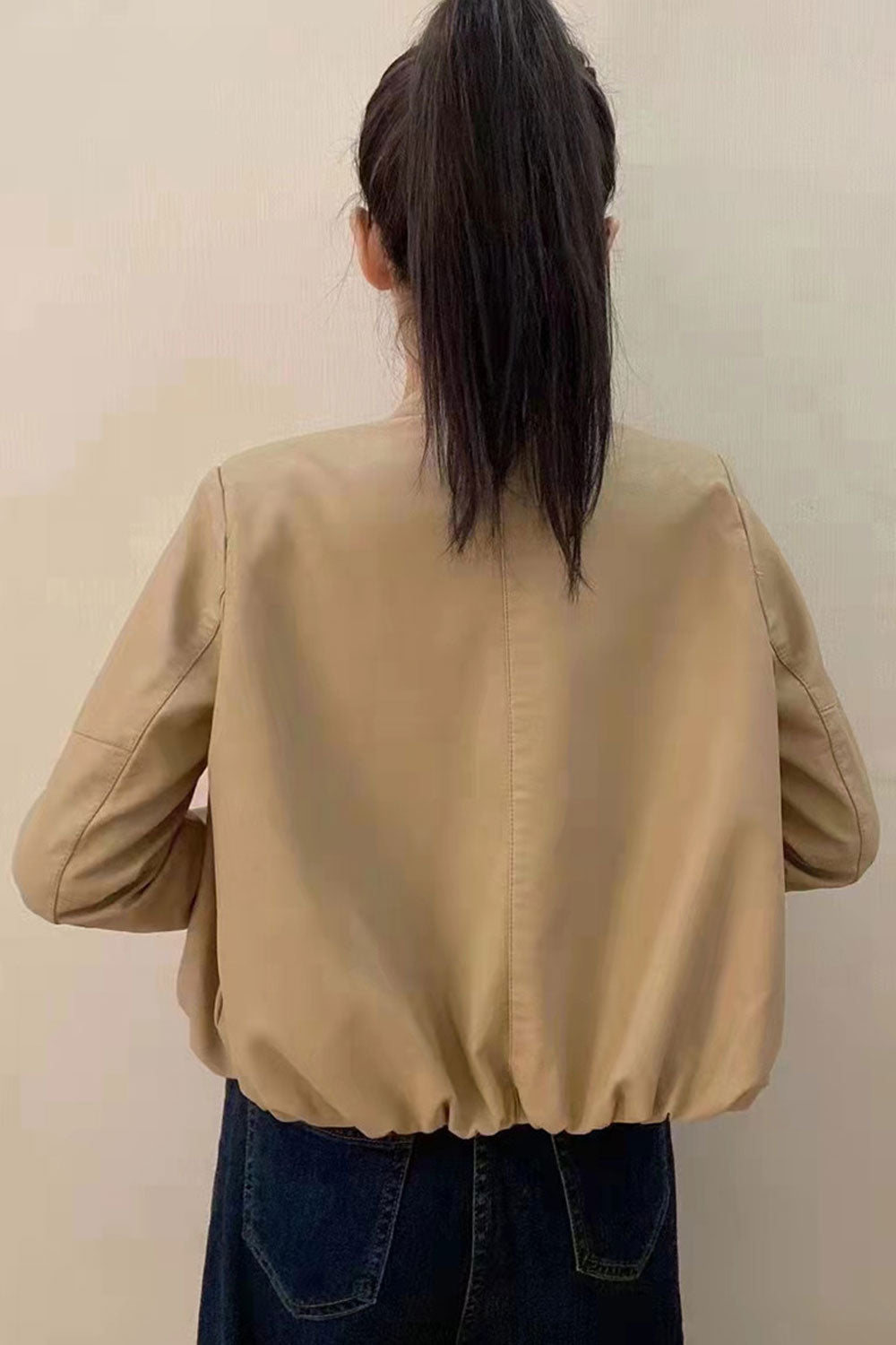Women Casual Wear Snap Button Closure Stand Collar Useful Side Pockets Winter Leather Jacket