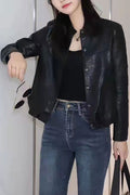 Women Casual Wear Snap Button Closure Stand Collar Useful Side Pockets Winter Leather Jacket