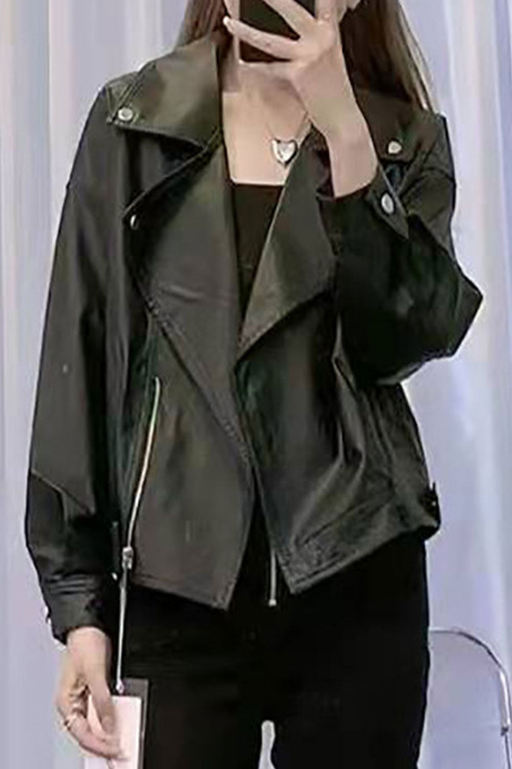 Women Sophisticated Lapel Collar Neck Buttoned Cuf Side Straight Zip Pocket & Cross Zip Fastener Snug Winter Leather Jacket