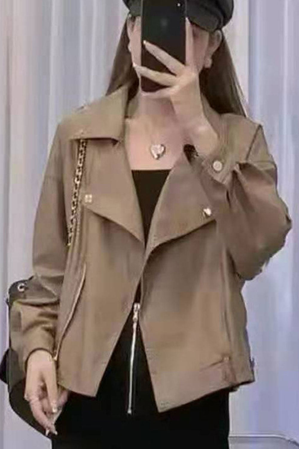 Women Sophisticated Lapel Collar Neck Buttoned Cuf Side Straight Zip Pocket & Cross Zip Fastener Snug Winter Leather Jacket