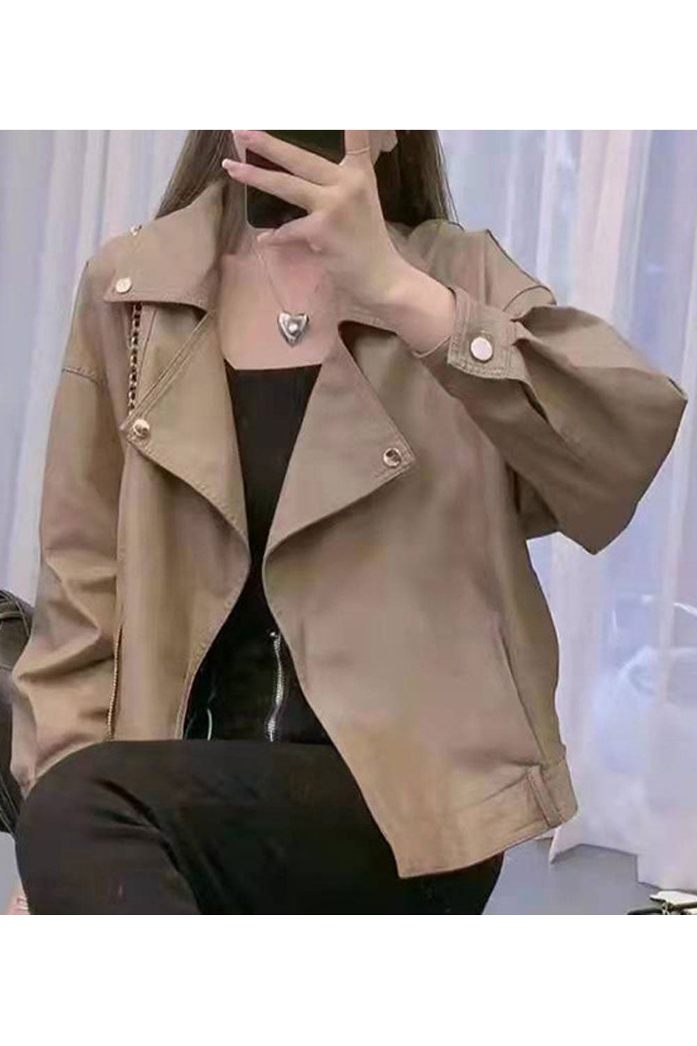 Women Sophisticated Lapel Collar Neck Buttoned Cuf Side Straight Zip Pocket & Cross Zip Fastener Snug Winter Leather Jacket