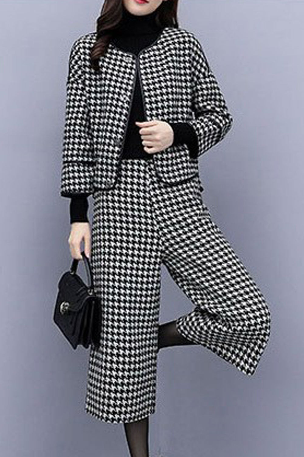 Women Stylish Pockets Plaid Two Piece Skirt Suit
