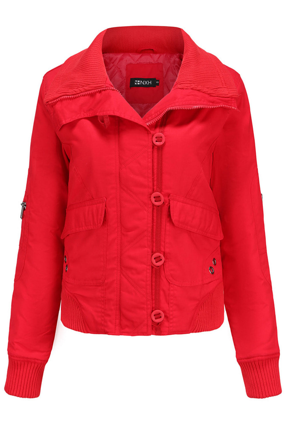 Women Florish Knitted Turtle Neck Ribbed Cuff Long Sleeves Buttoned Fastener & Flap Closure Pocket Thick Casual Winter Jacket