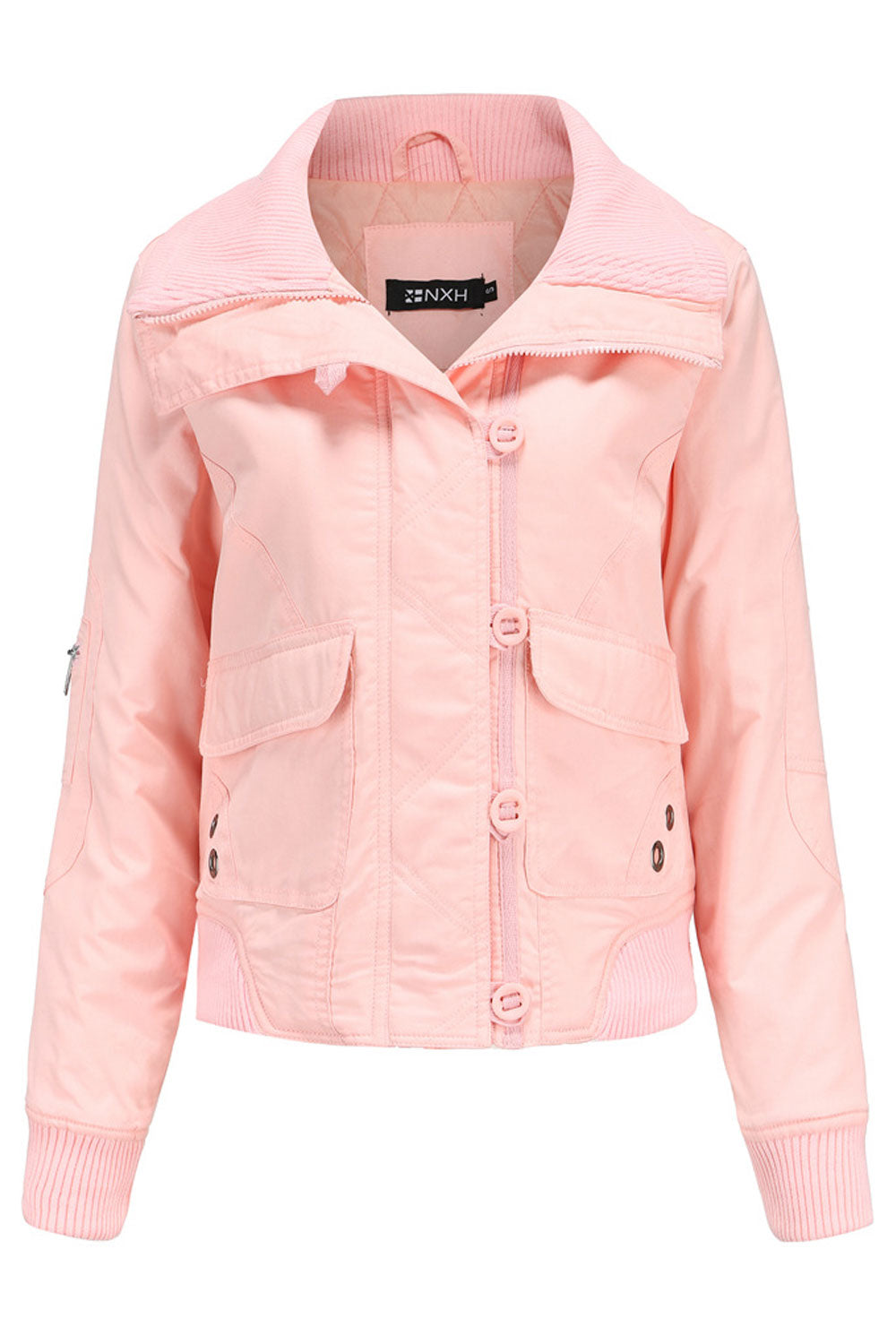 Women Florish Knitted Turtle Neck Ribbed Cuff Long Sleeves Buttoned Fastener & Flap Closure Pocket Thick Casual Winter Jacket