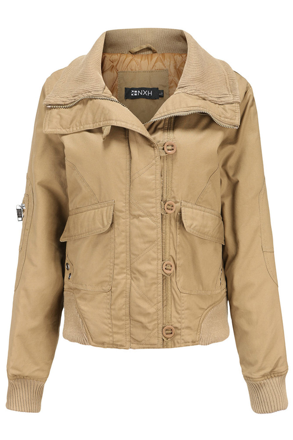 Women Florish Knitted Turtle Neck Ribbed Cuff Long Sleeves Buttoned Fastener & Flap Closure Pocket Thick Casual Winter Jacket