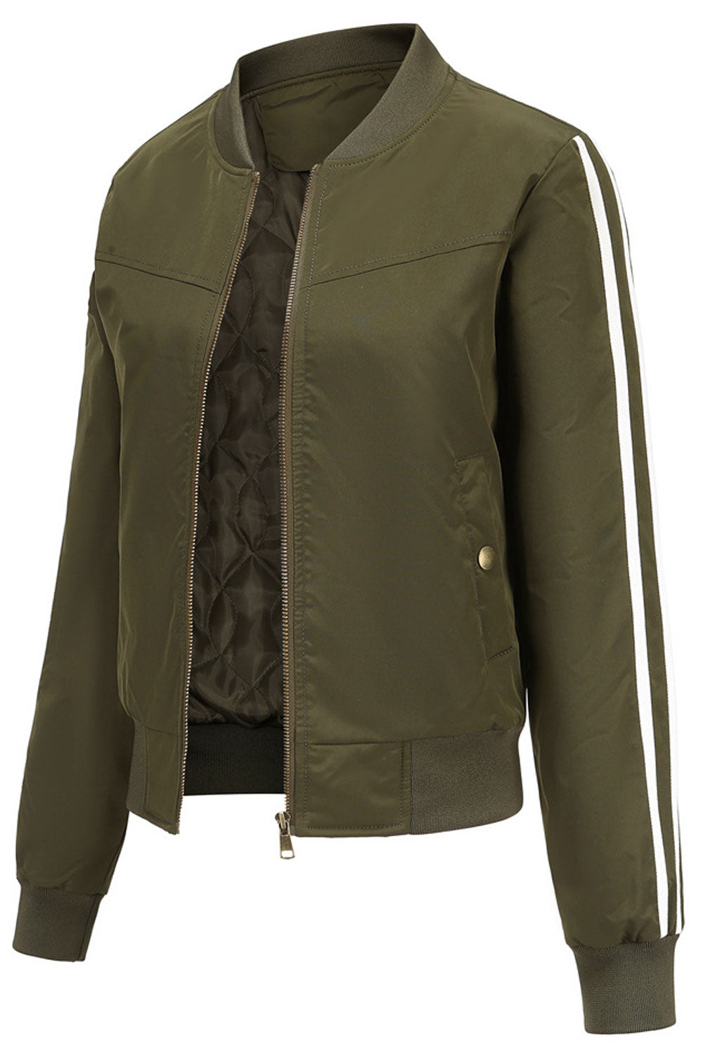 Women Mind Blowing Strip Pattern Stand Collar Neck Knitted Ribbed Cuff & Side Pocket Winter Casual Jacket