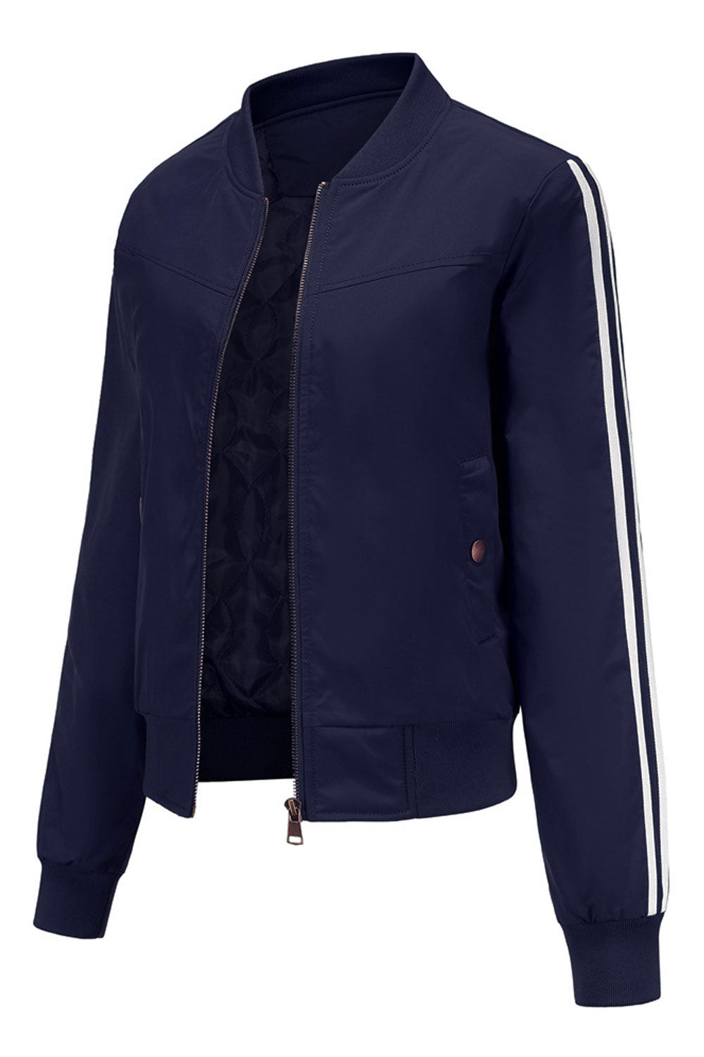 Women Mind Blowing Strip Pattern Stand Collar Neck Knitted Ribbed Cuff & Side Pocket Winter Casual Jacket