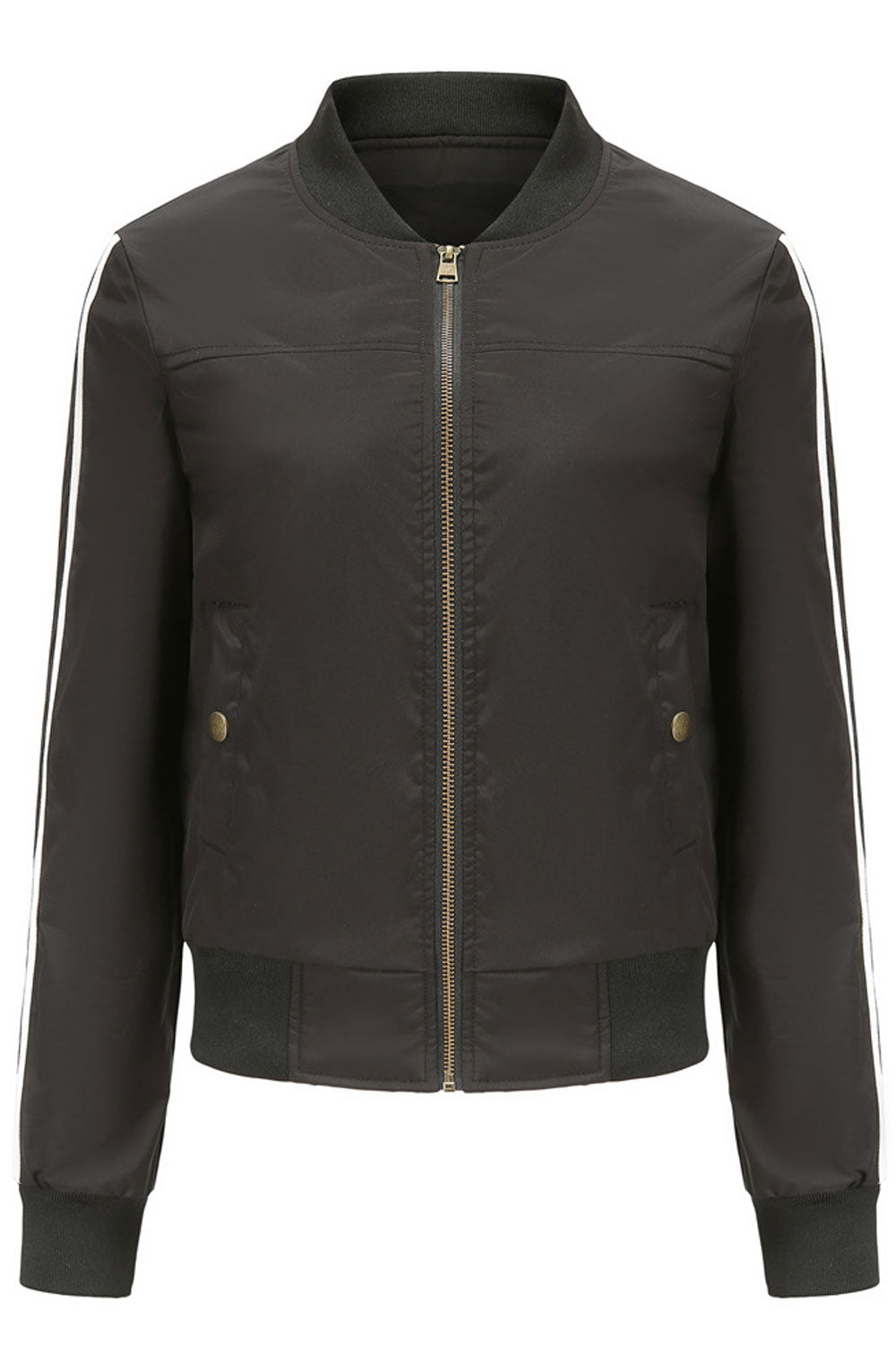 Women Mind Blowing Strip Pattern Stand Collar Neck Knitted Ribbed Cuff & Side Pocket Winter Casual Jacket