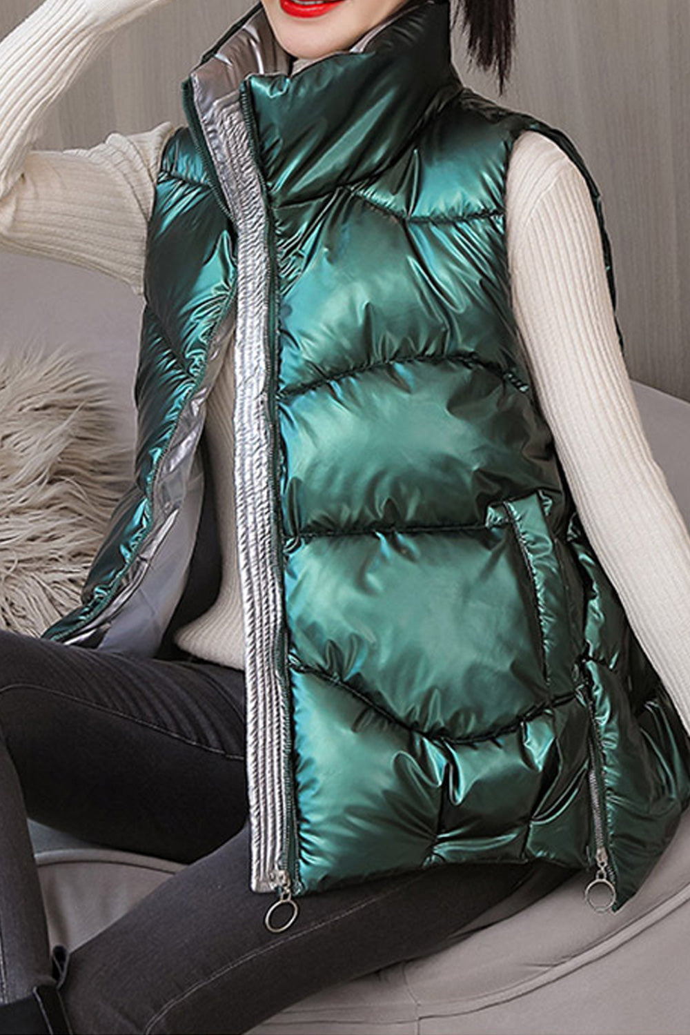 Women Shiny Colour Long Zipper Closure Fancy Padded Vest