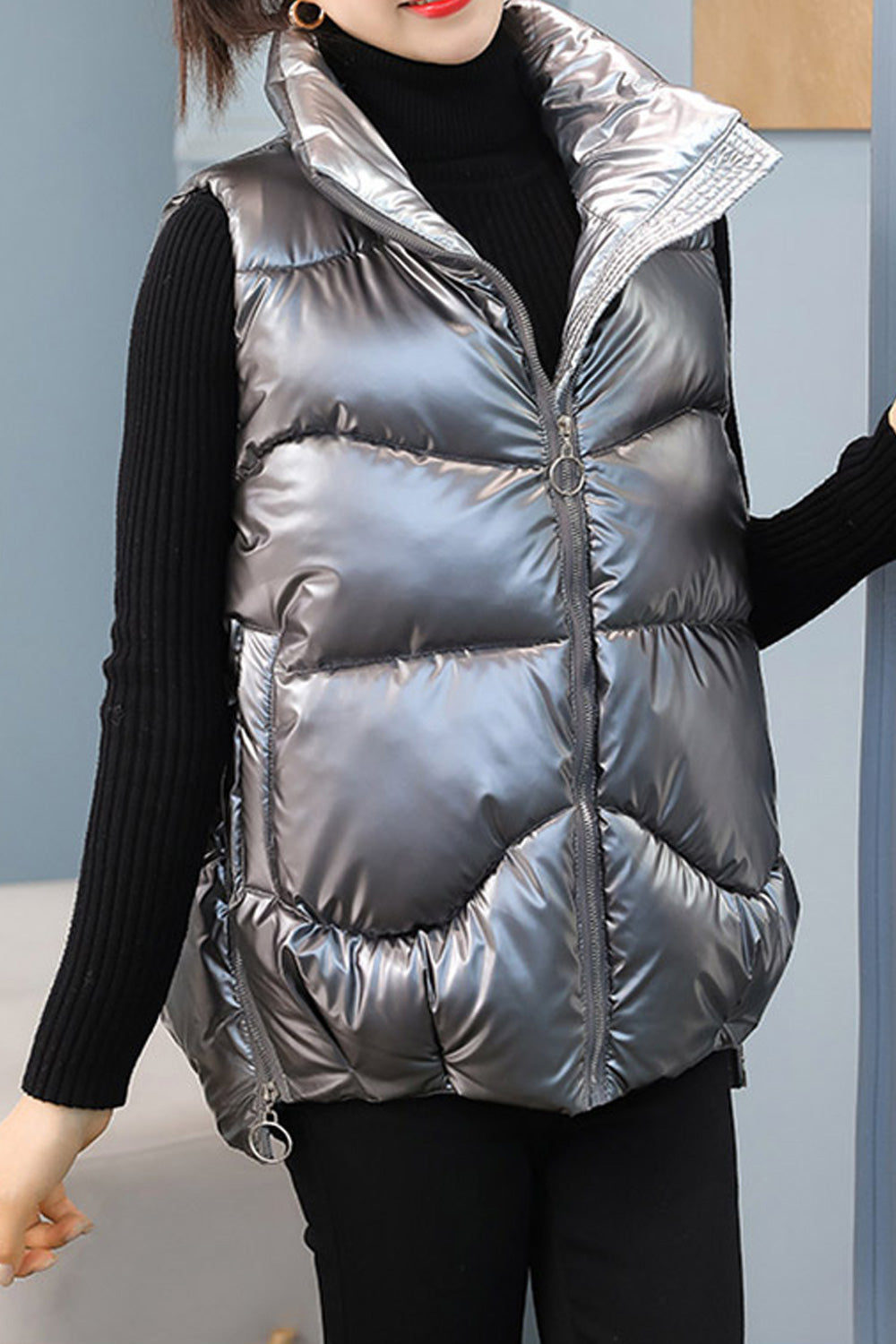 Women Shiny Colour Long Zipper Closure Fancy Padded Vest