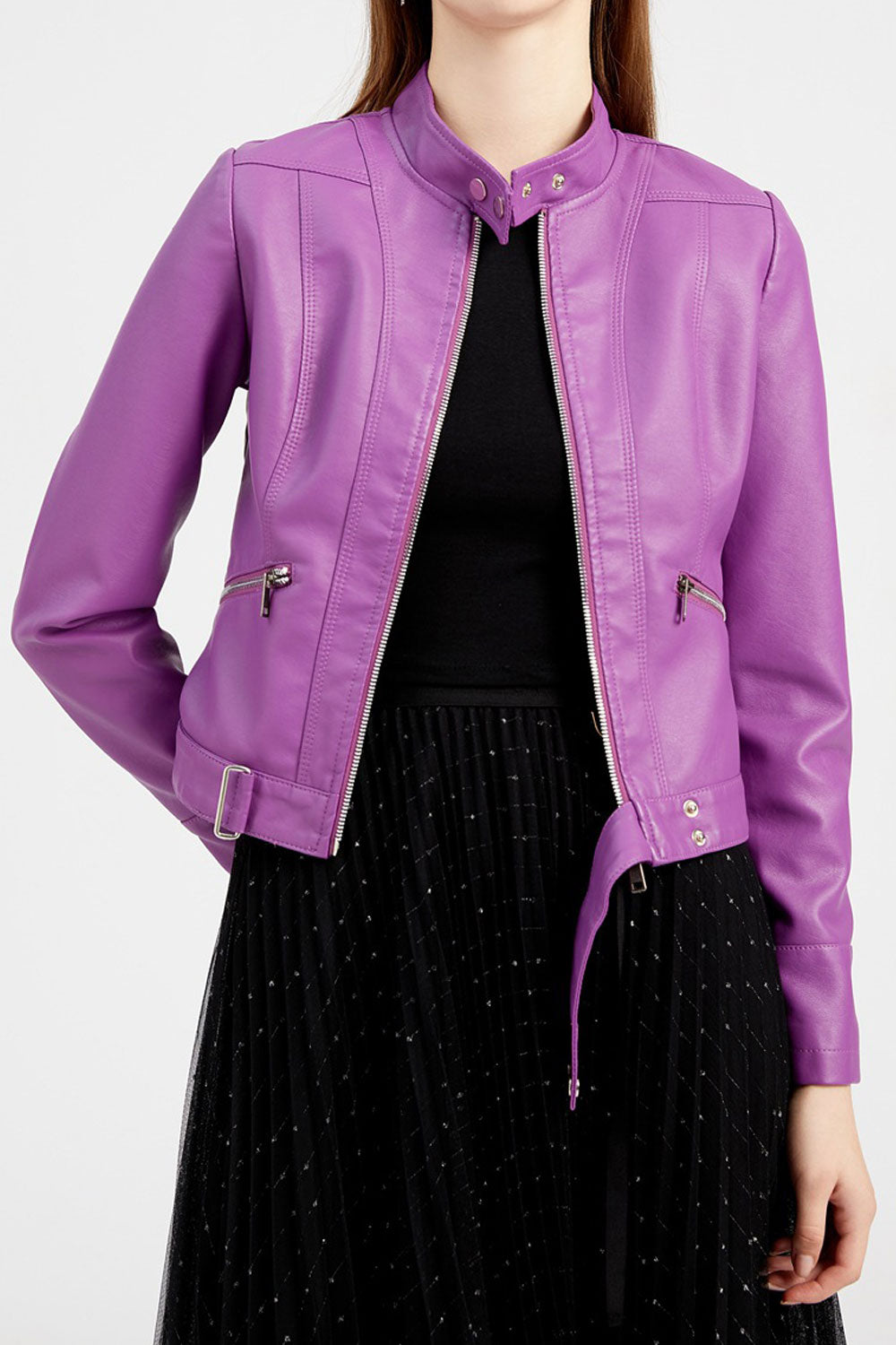 Women Crimson Buttoned Stand Collar Long Sleeves Waist Belt & Buckle Front Zip Fastener Slim Fit Warm Winter Leather jacket