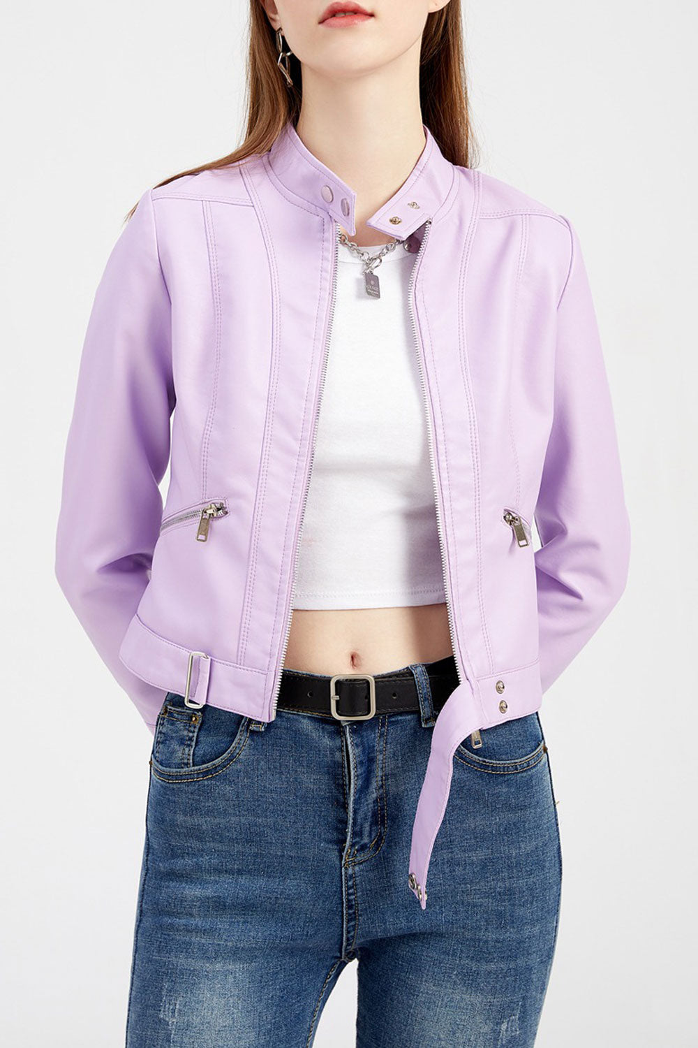 Women Crimson Buttoned Stand Collar Long Sleeves Waist Belt & Buckle Front Zip Fastener Slim Fit Warm Winter Leather jacket