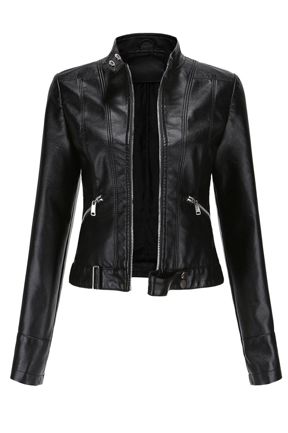 Women Crimson Buttoned Stand Collar Long Sleeves Waist Belt & Buckle Front Zip Fastener Slim Fit Warm Winter Leather jacket