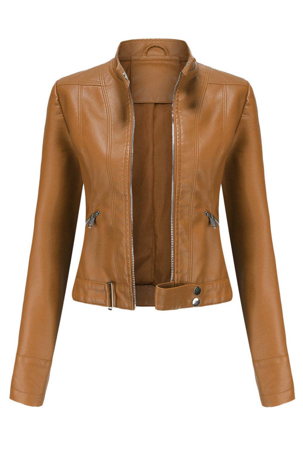 Women Crimson Buttoned Stand Collar Long Sleeves Waist Belt & Buckle Front Zip Fastener Slim Fit Warm Winter Leather jacket