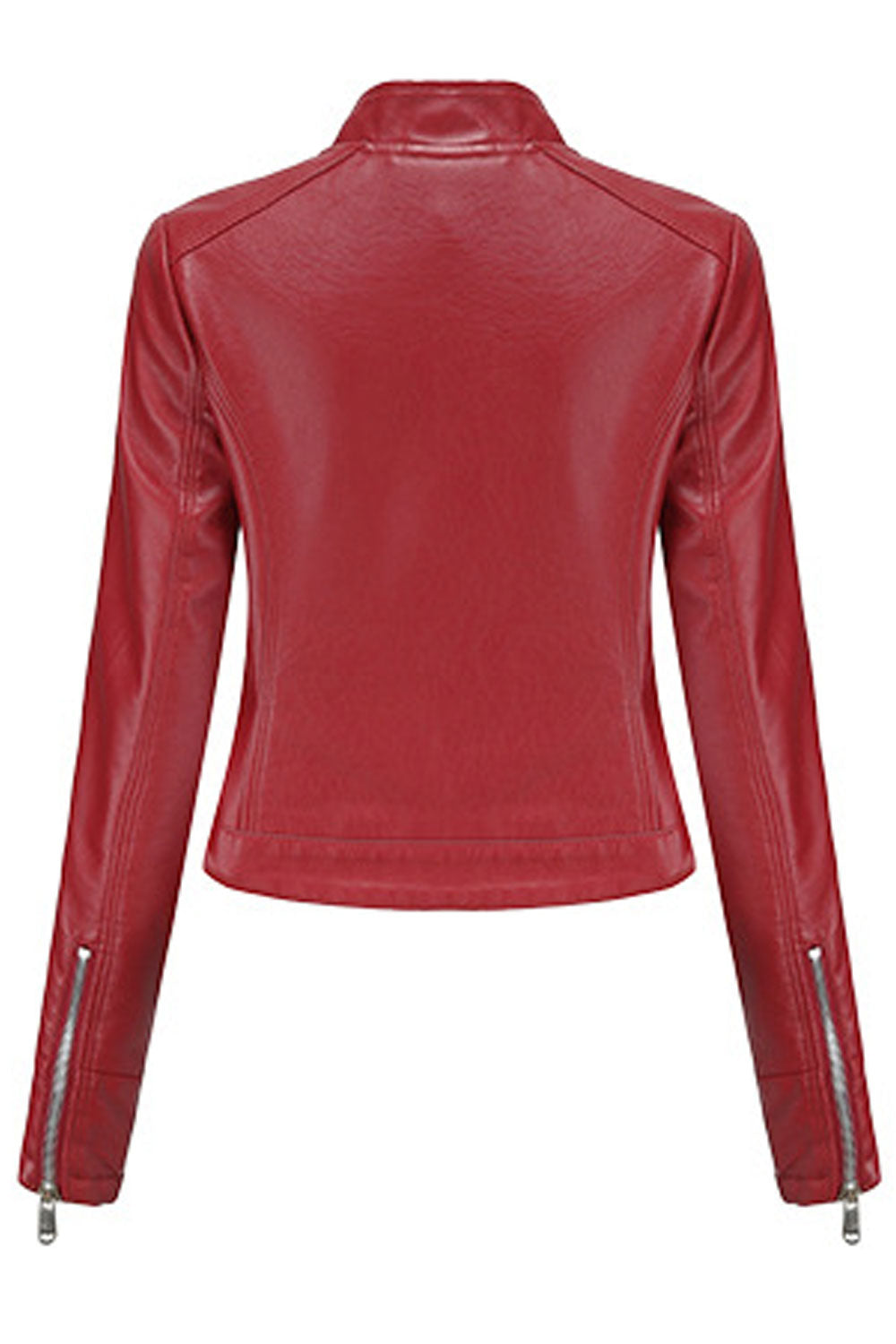 Women Crimson Buttoned Stand Collar Long Sleeves Waist Belt & Buckle Front Zip Fastener Slim Fit Warm Winter Leather jacket