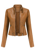 Women Crimson Buttoned Stand Collar Long Sleeves Waist Belt & Buckle Front Zip Fastener Slim Fit Warm Winter Leather jacket