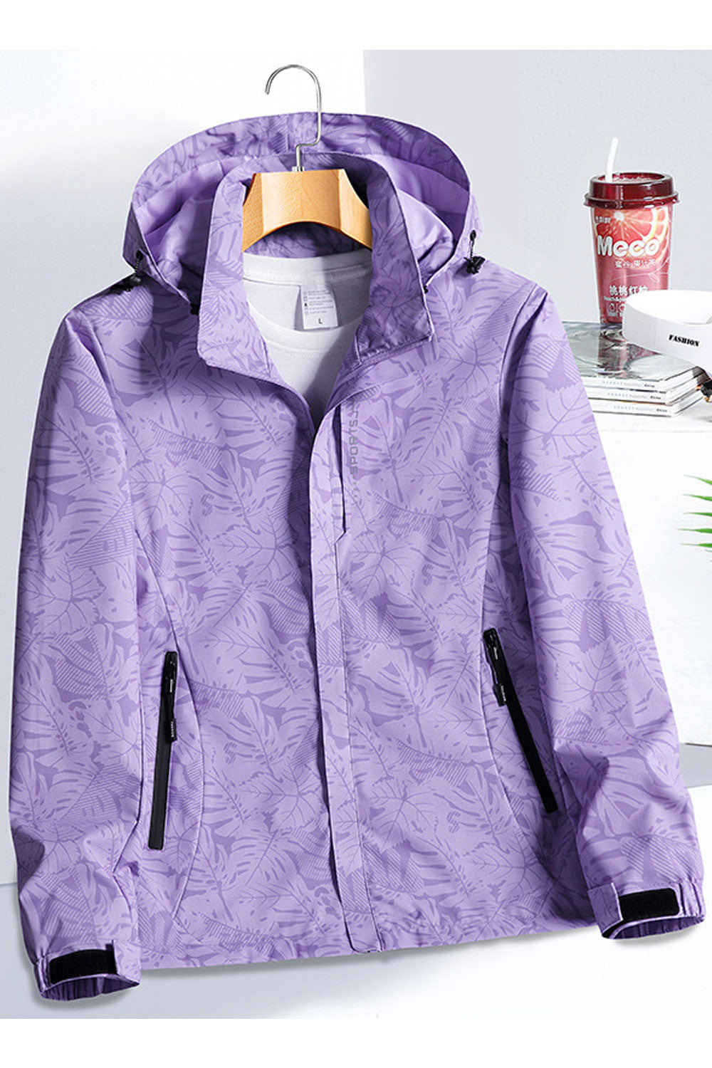 Women Floral Patterned Stand Collar Neck Comfy Stretchable Velcro Cuff Easy Front Zippered Closure Winter Casual Jacket
