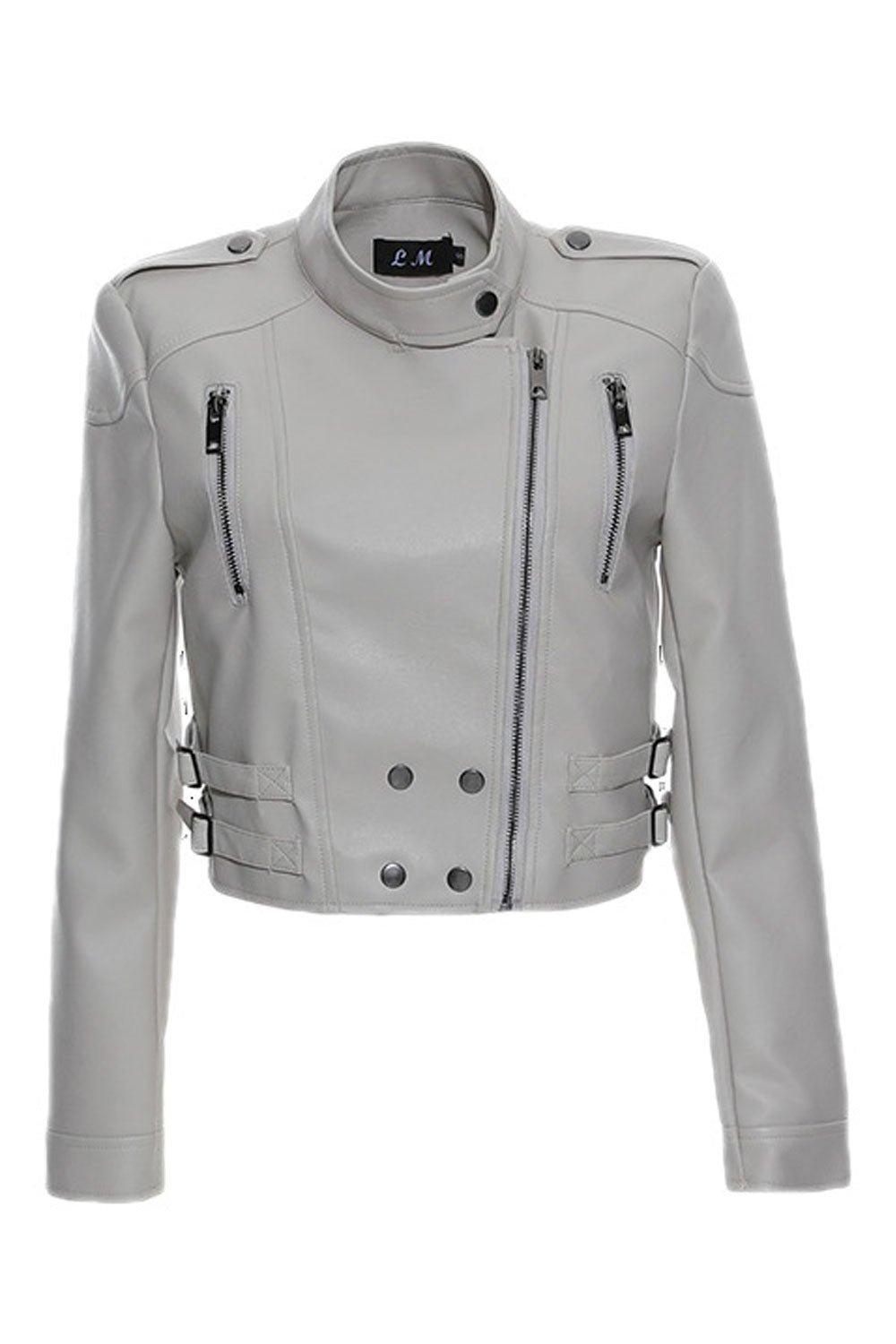 Women Modern Side Strap Buckle Stand Collar Short Waist Excellent Winter Leather Jacket