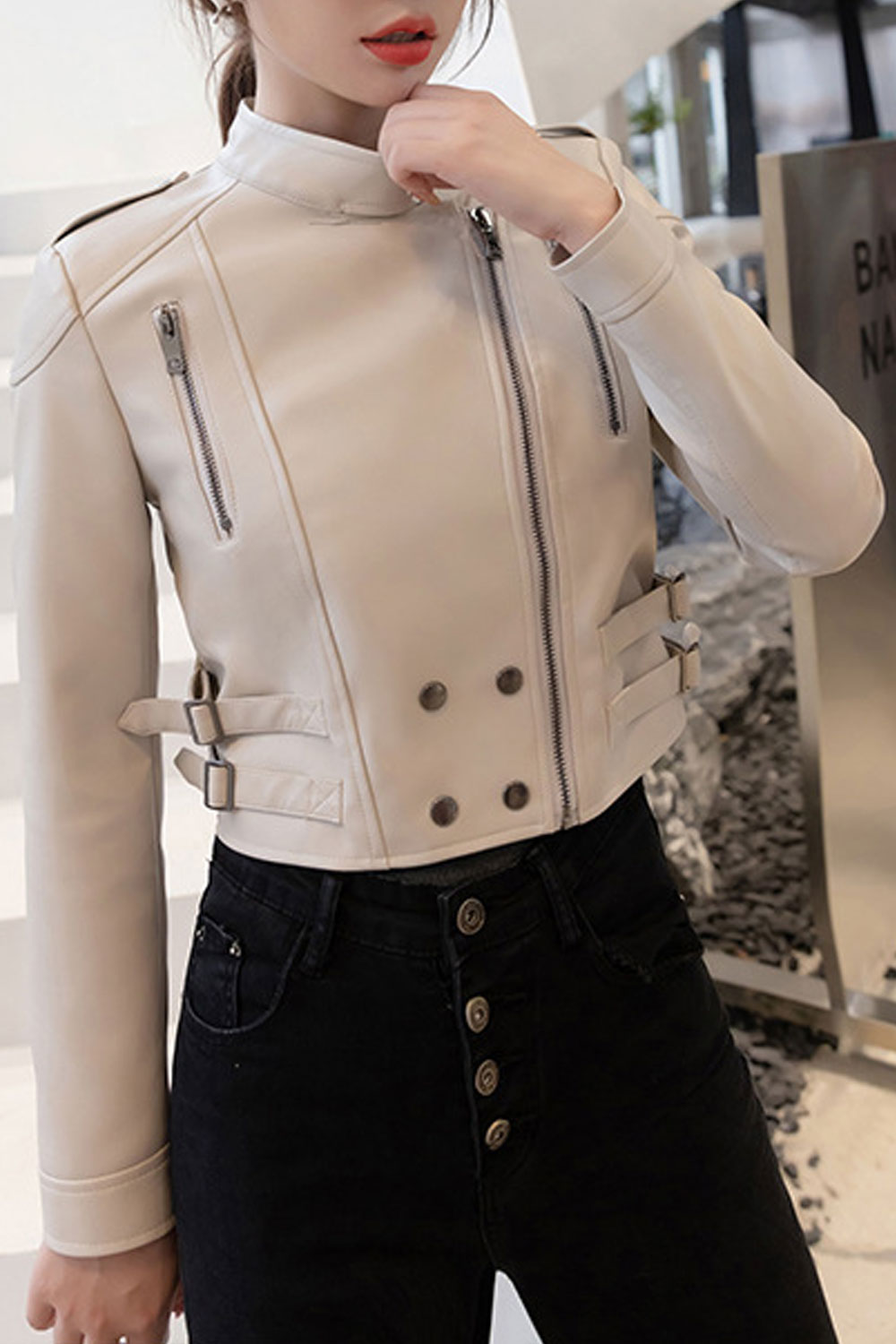 Women Modern Side Strap Buckle Stand Collar Short Waist Excellent Winter Leather Jacket