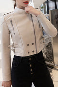 Women Modern Side Strap Buckle Stand Collar Short Waist Excellent Winter Leather Jacket