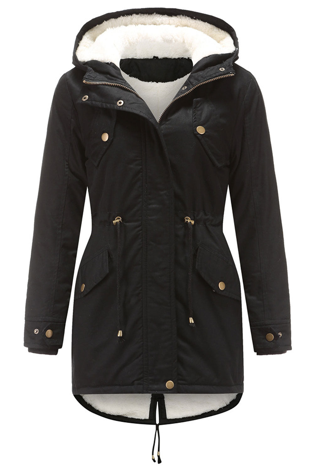 Women Magnifying Hooded Neck Buttoned Cuff Zip Fastener Drawstring Waist Back Draw Cords Tale Style Winter Padded Jacket