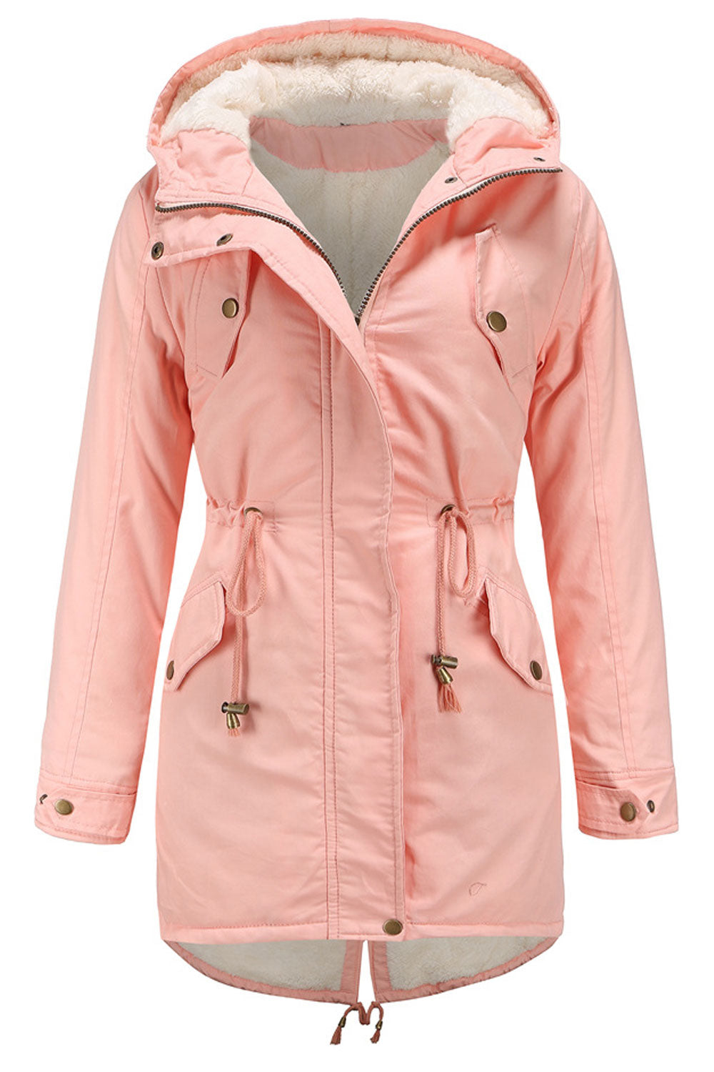 Women Magnifying Hooded Neck Buttoned Cuff Zip Fastener Drawstring Waist Back Draw Cords Tale Style Winter Padded Jacket