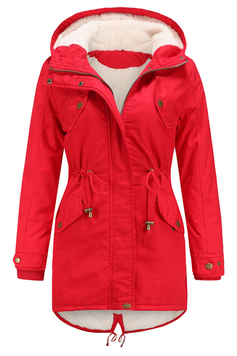 Women Magnifying Hooded Neck Buttoned Cuff Zip Fastener Drawstring Waist Back Draw Cords Tale Style Winter Padded Jacket