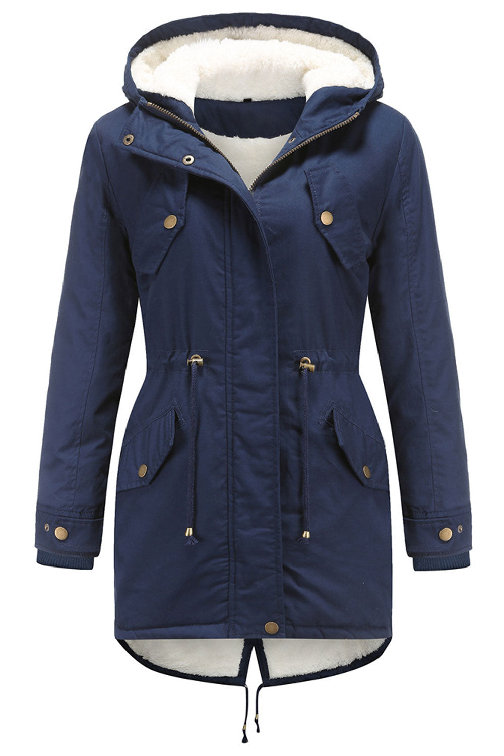 Women Magnifying Hooded Neck Buttoned Cuff Zip Fastener Drawstring Waist Back Draw Cords Tale Style Winter Padded Jacket