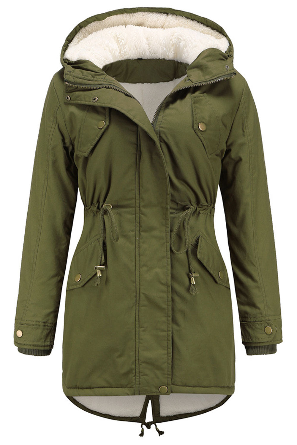 Women Magnifying Hooded Neck Buttoned Cuff Zip Fastener Drawstring Waist Back Draw Cords Tale Style Winter Padded Jacket