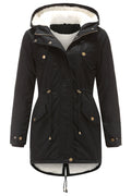 Women Magnifying Hooded Neck Buttoned Cuff Zip Fastener Drawstring Waist Back Draw Cords Tale Style Winter Padded Jacket