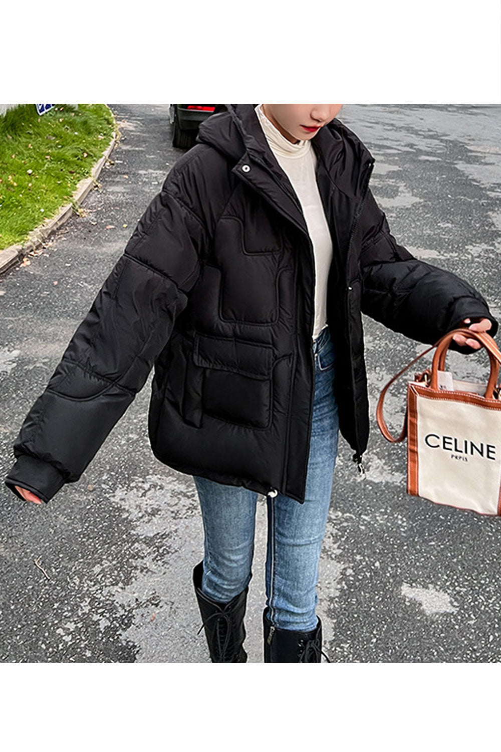 Women Loose Fit Stand Collar Neck Simple Cuffs Draw cords & Front Zip Fastener Cozy Winter Padded Jacket