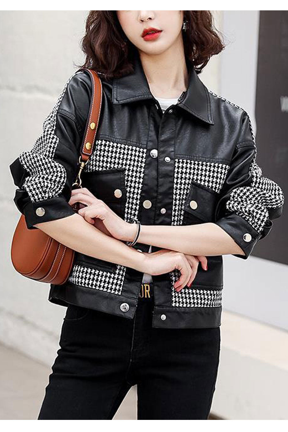 Women Fascinating Snap Button Closure Lattice Pattern Capable Flap Pockets Fashionable Winter Leather Jacket