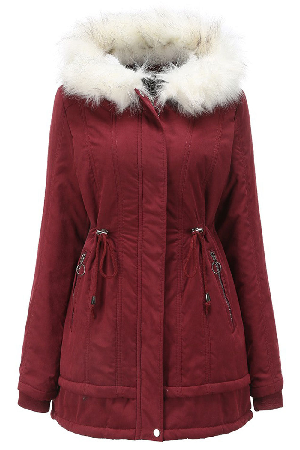 Women Comfy Hooded Neck Knitted Ribbed Cuff Drawstring Waist Slash Pocket & Zip Fastener Cozy Winter Padded Jacket