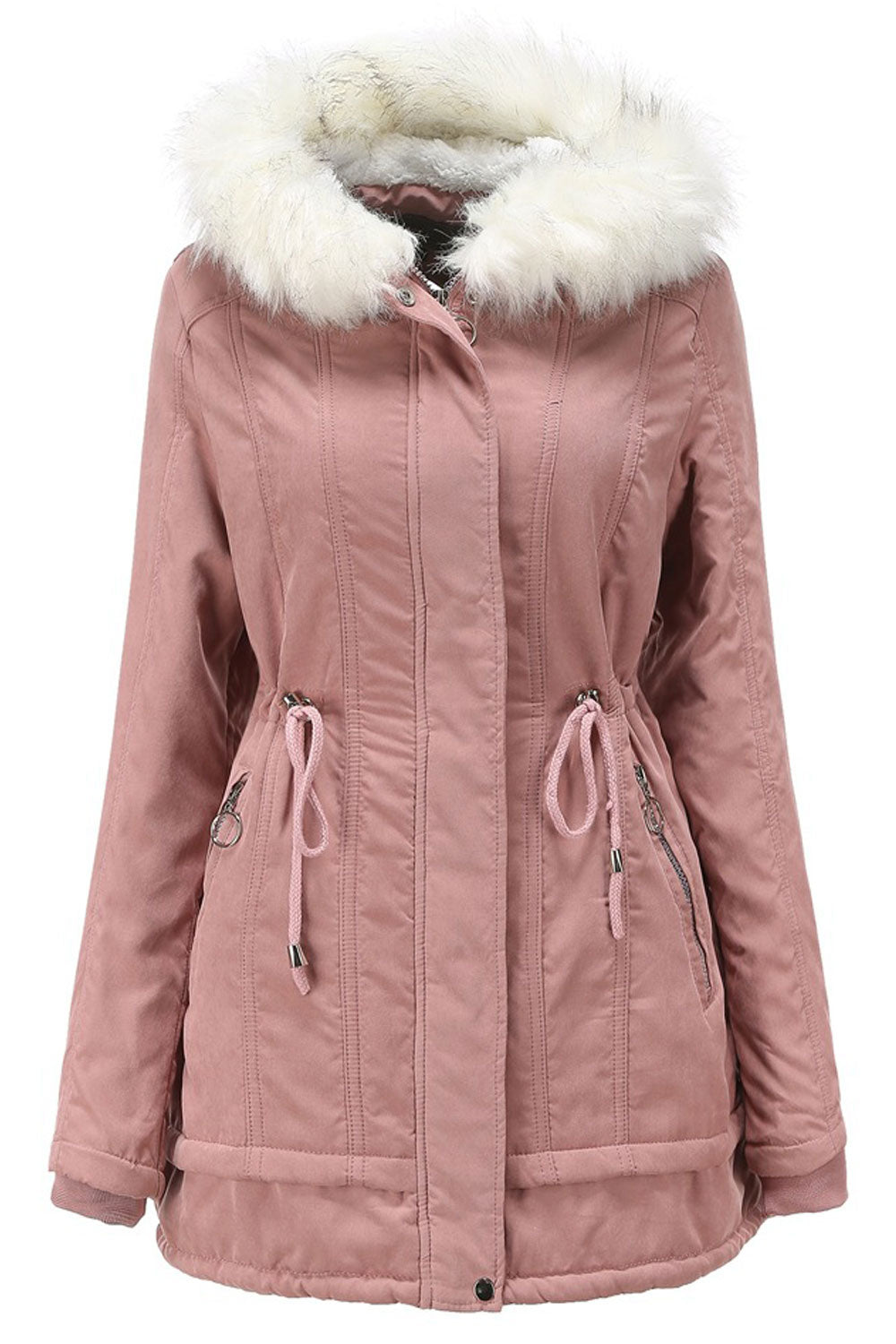 Women Comfy Hooded Neck Knitted Ribbed Cuff Drawstring Waist Slash Pocket & Zip Fastener Cozy Winter Padded Jacket