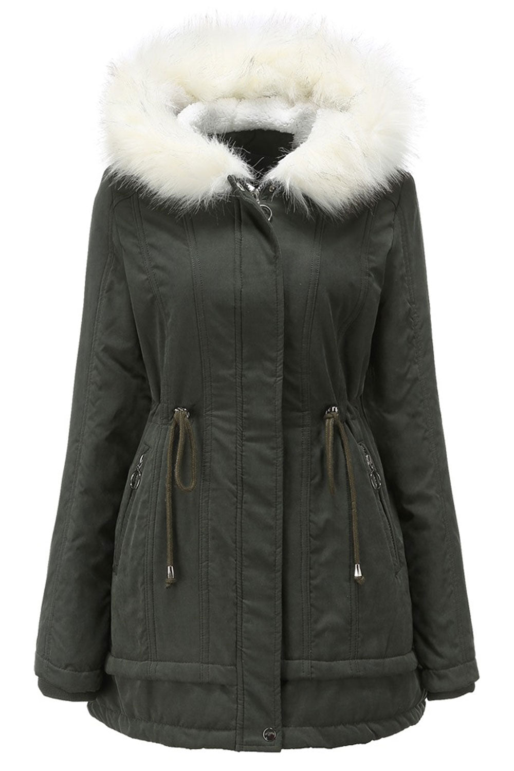 Women Comfy Hooded Neck Knitted Ribbed Cuff Drawstring Waist Slash Pocket & Zip Fastener Cozy Winter Padded Jacket