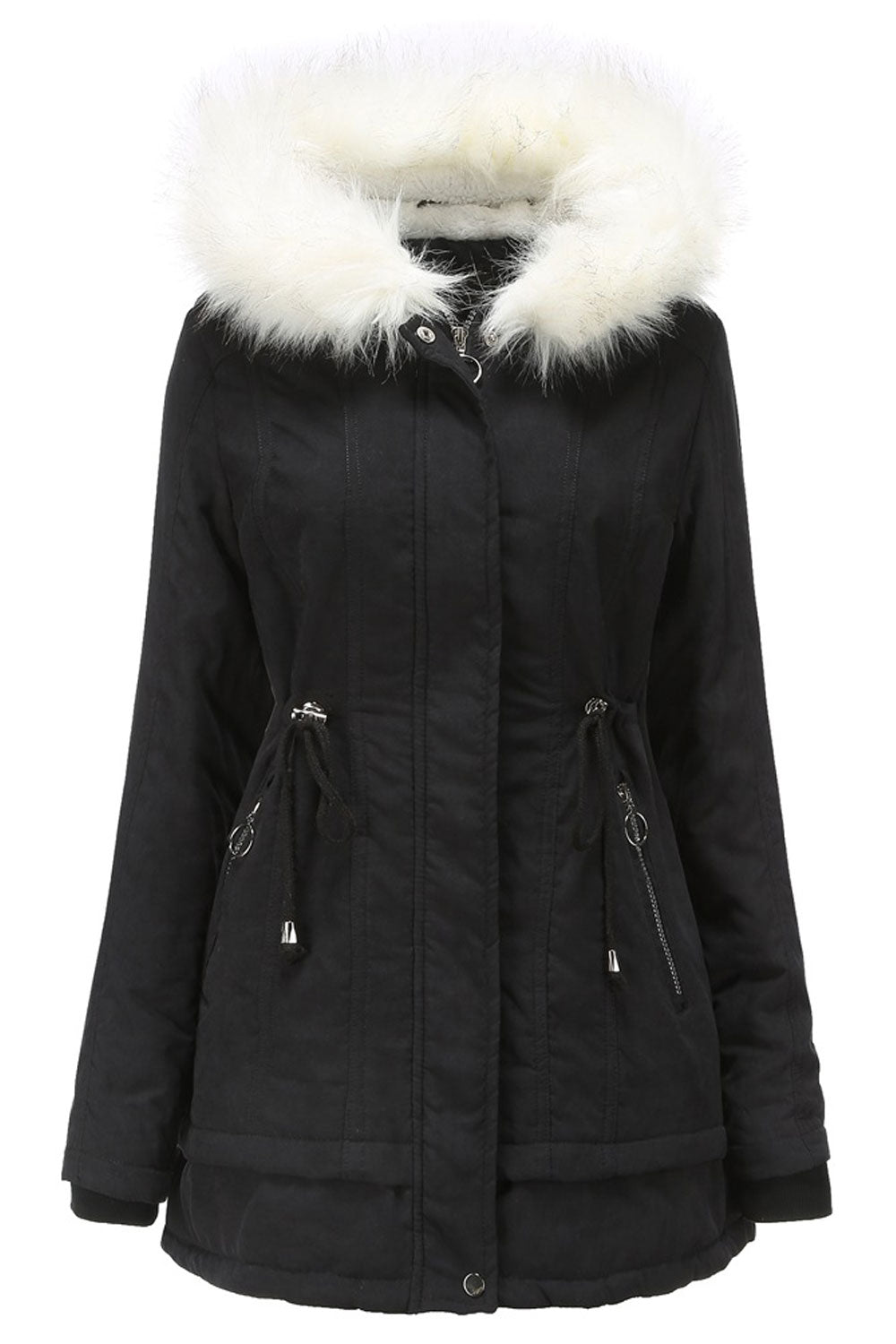 Women Comfy Hooded Neck Knitted Ribbed Cuff Drawstring Waist Slash Pocket & Zip Fastener Cozy Winter Padded Jacket