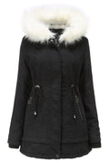 Women Comfy Hooded Neck Knitted Ribbed Cuff Drawstring Waist Slash Pocket & Zip Fastener Cozy Winter Padded Jacket