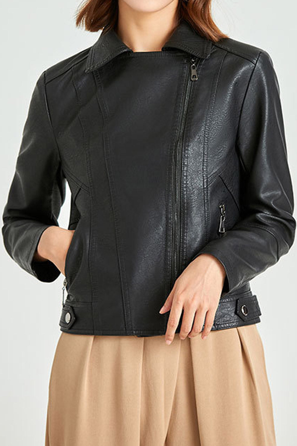 Women Exciting Lapel Collar Neck Long Sleeves & Cross Zip Fastener & Zippered Pocket Unstrained Winter Leather Jacket