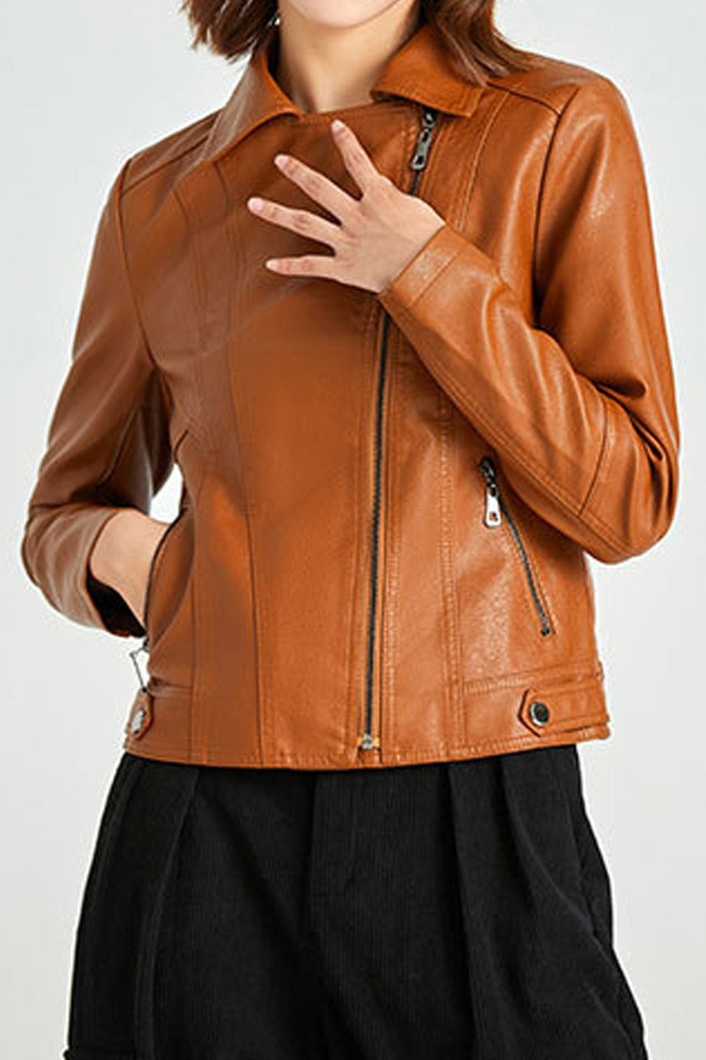 Women Exciting Lapel Collar Neck Long Sleeves & Cross Zip Fastener & Zippered Pocket Unstrained Winter Leather Jacket